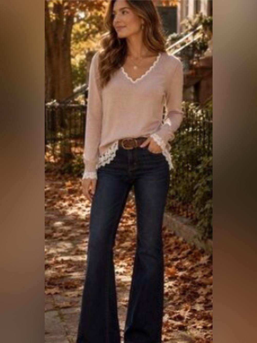 Adrianna Papell Dusty Rose V-Neck Sweater with White Lace Hem